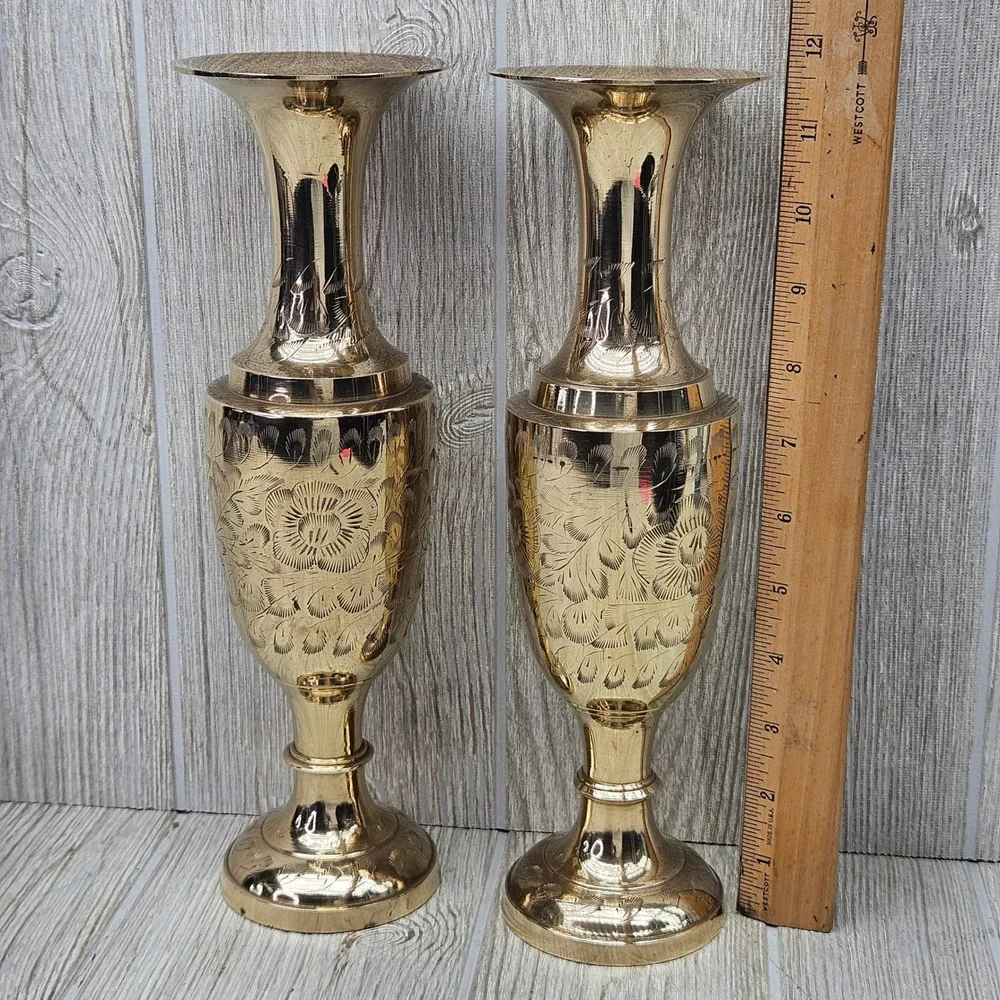 Vintage 11.5" Etched Brass Vases Pair Hand Crafted Floral Design Made in India - Picture 4 of 9